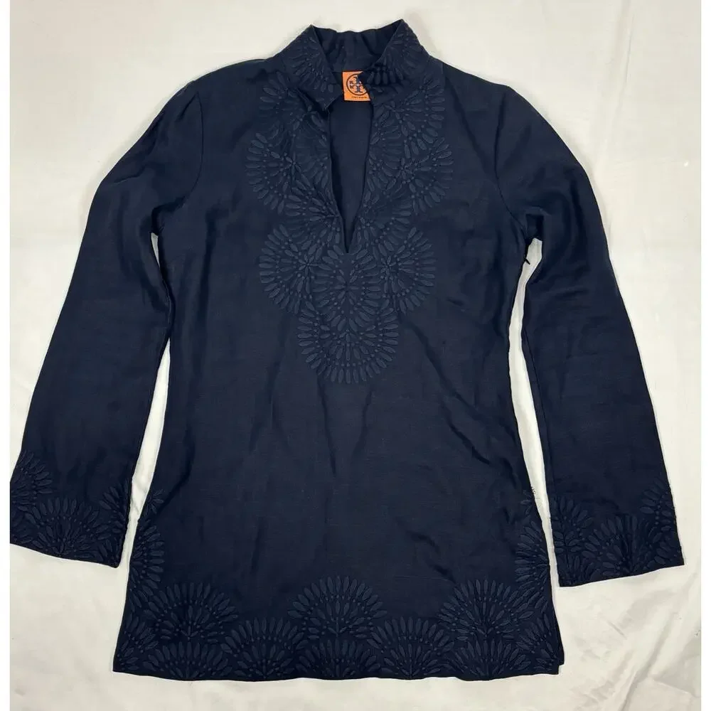 TORY BURCH Women’s Size 4 Navy Blue Linen Embroidered Tunic Boho Blouse L/S